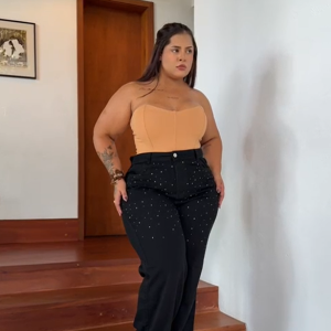 Calca Leg Wide Brilho Preta Plus Size
