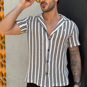 Camisa Resort Manga Curta Bord Listra Preta